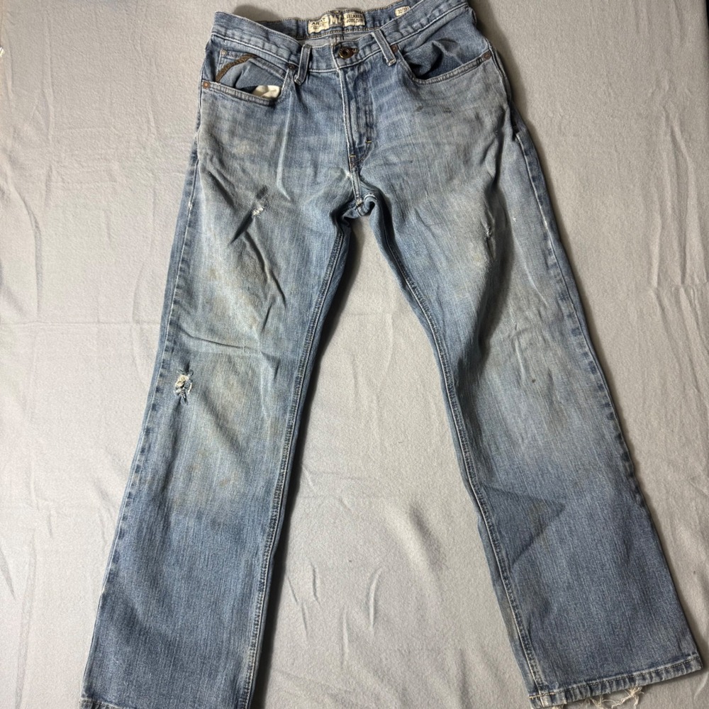 Ariat M4 Relaxed Boot Cut Jeans Mens 32x32 Light Wash Distressed Blue Denim